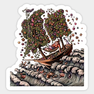 Woman in Ship on Ocean, Sails of Flowering Trees Sticker